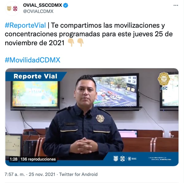 Tuit de reporte Vial del 25N en la CDMX/@OVIALCDMX
