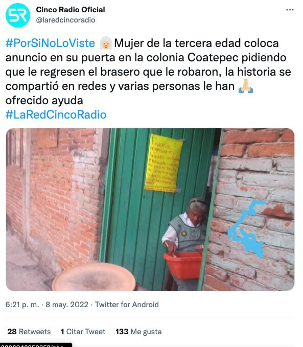 Pide que le devuelvan su anafre porque de eso vive