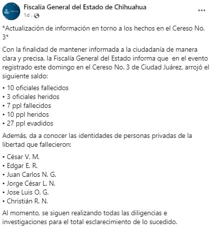 Lista de ppl muertas por motin en Chihuahua