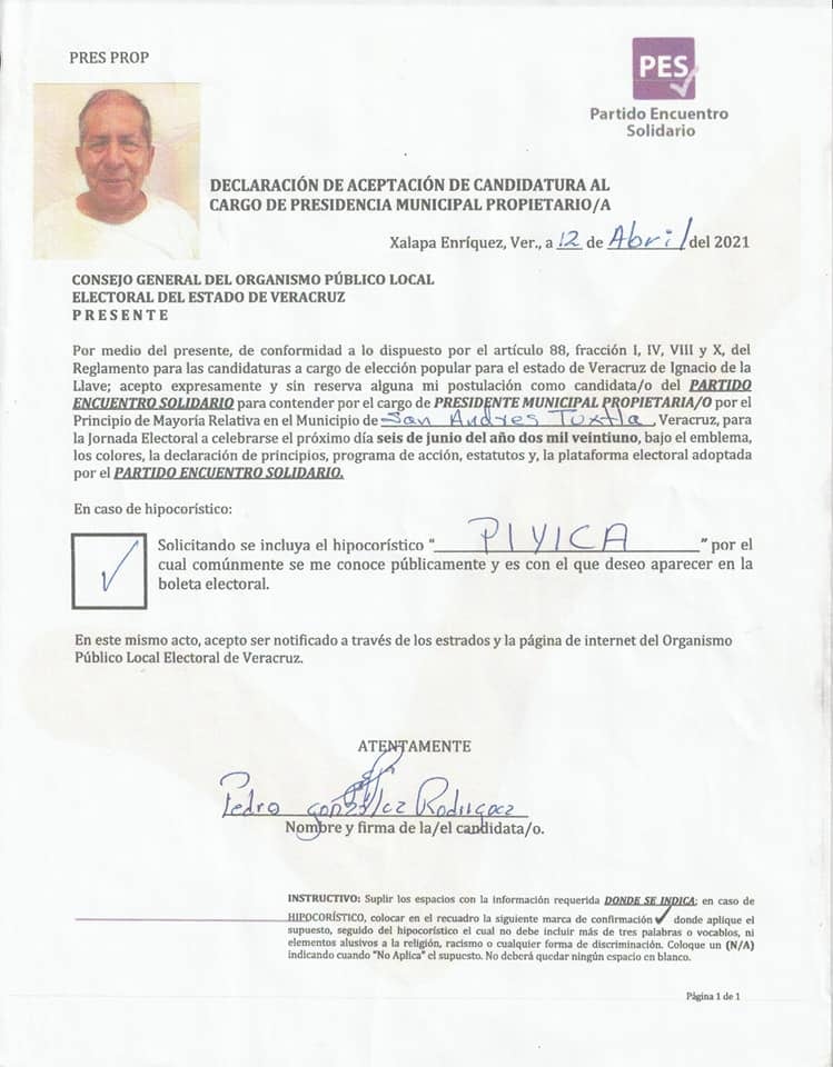 Registro de Pedro González Rodríguez ‘Pillica’ para candidatura a alcalde.