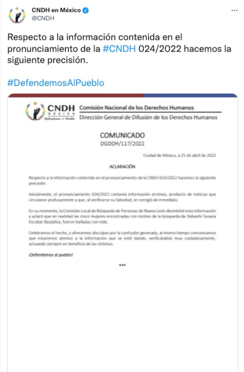 CNDH rectifica información sobre búsqueda de Debanhi