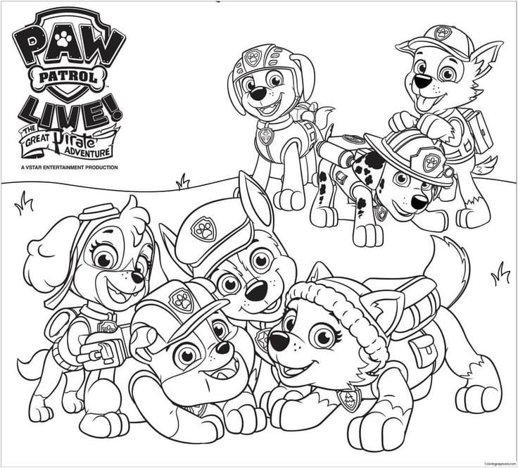 Dibujos del equipo completo de Paw Patrol para imprimir y colorear por el Día del Peluquero Canino