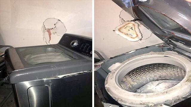Una máquina de lavado de Samsung dañada, fotografiada por una mujer de Texas que se afirma que explotó durante su uso.