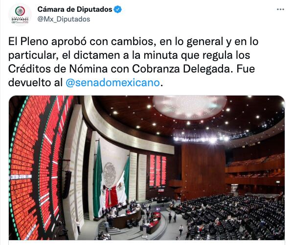 Pleno aprueba con cambios la reforma que regula los Créditos de Nómina con Cobranza Delegada
.