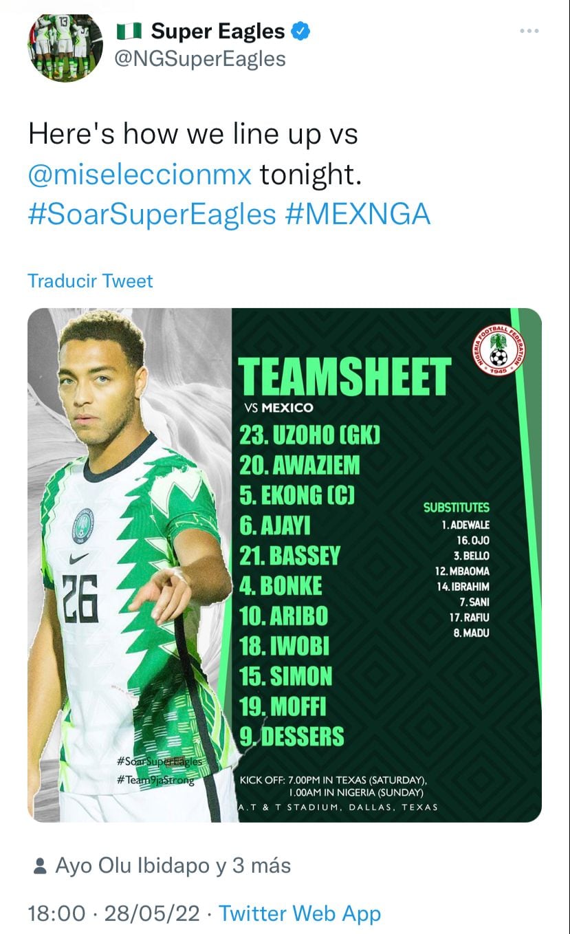 Esta es la alineación de Nigeria para el encuentro vs México.