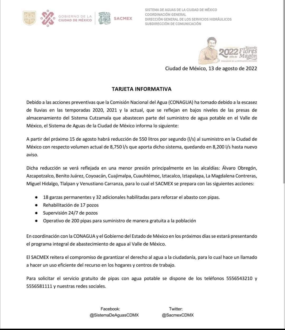 AGUAS: Reducción de agua en CDMX comenzará el 15 de agosto; estas serán las alcaldías más afectadas