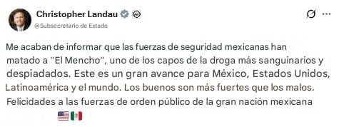 Christopher Landau, subsecretario de Estado en Estados Unidos, reconoce al Ejército de México por muerte de El Mencho.