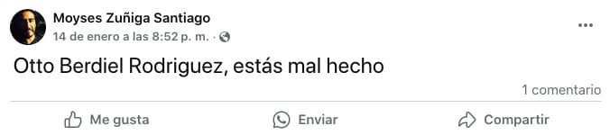 Publicación de Moyses Zúñiga Santiago previo a desaparecer