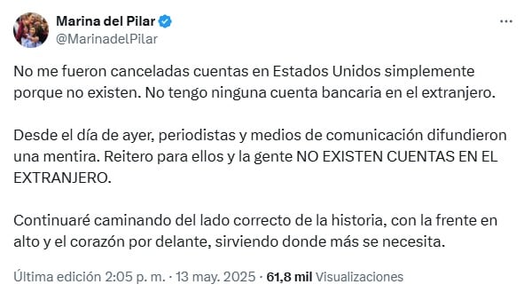 Marina del Pilar niega tener cuentas en Estados Unidos: así lo explicó