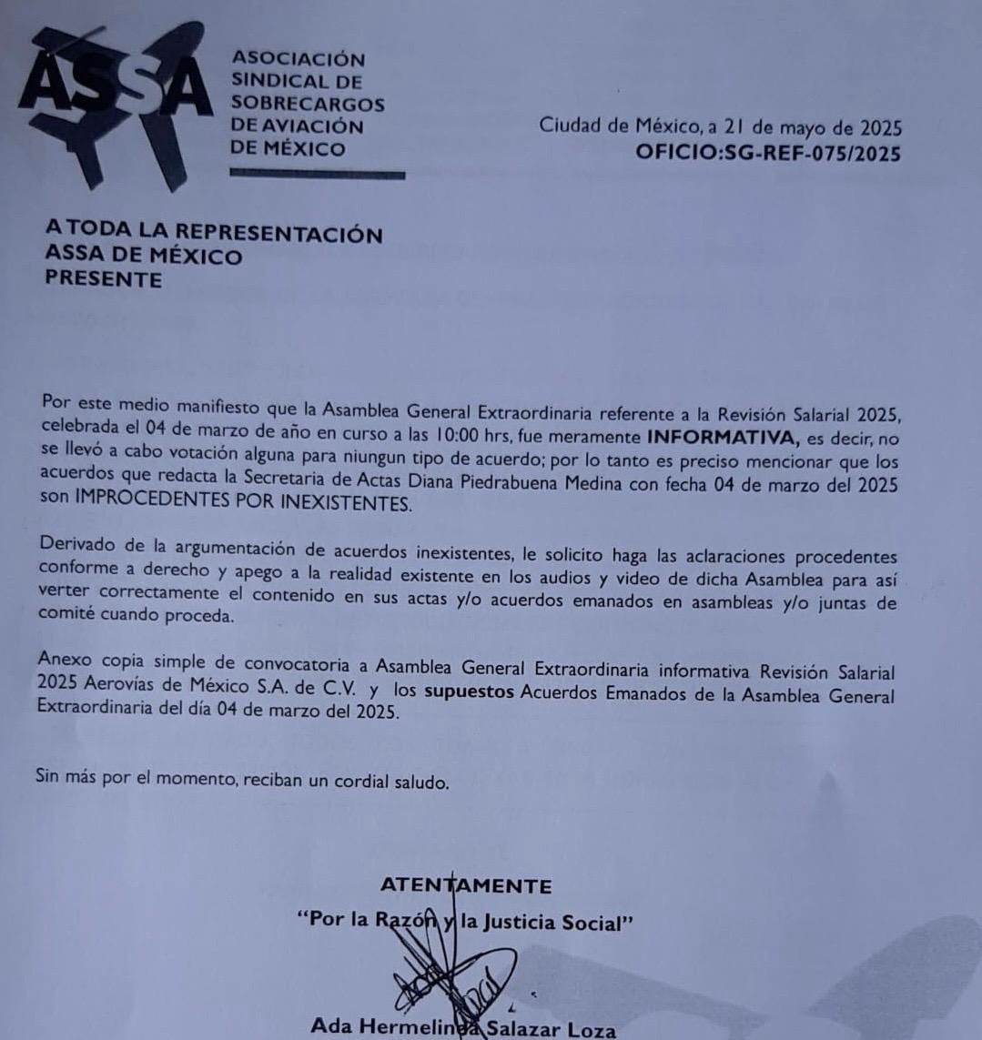 Oficio SG desconociendo acuerdo AGE 4 de marzo 2025 ASSA de México