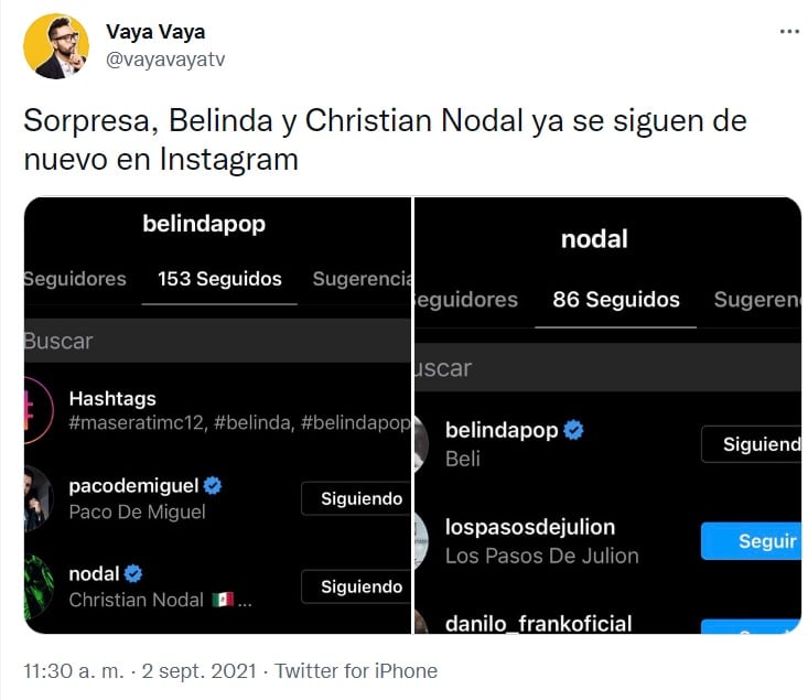 Belinda y Christian Nodal ya se siguen en Instagram