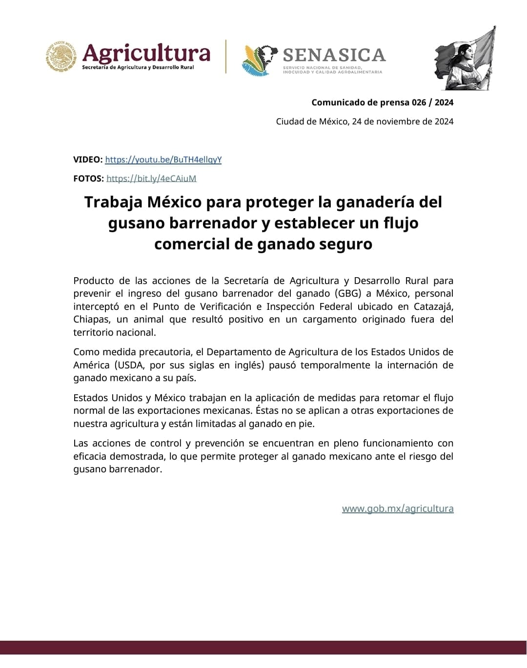Comunicado sobre el caso de gusano barrenador en México.