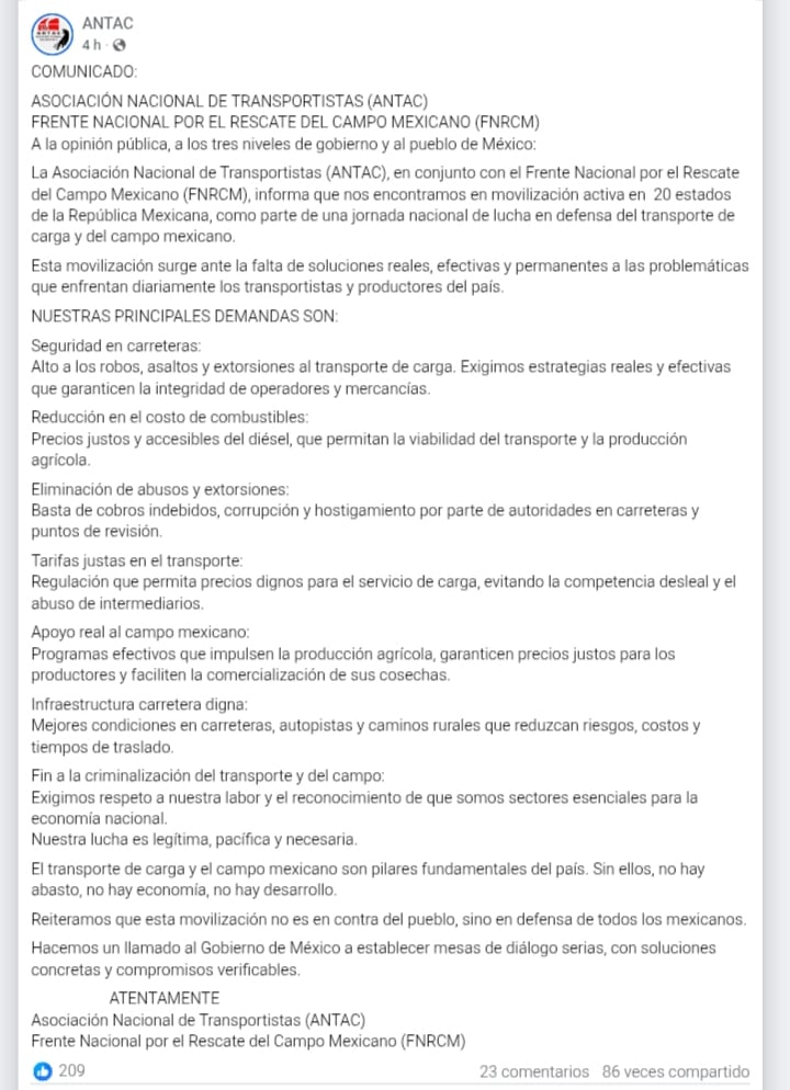 ANTAC sobre bloqueos este martes