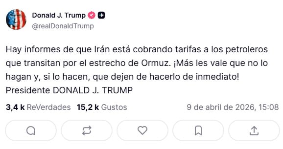 Trump presiona a Irán para frenar cobros a petroleros en Ormuz