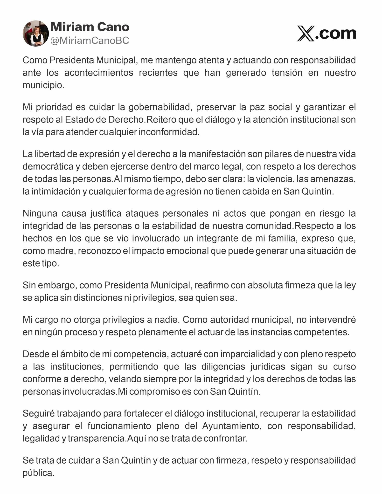 Miriam Cano, alcaldesa de San Quintín, se pronuncia sobre la detención de su hijo.