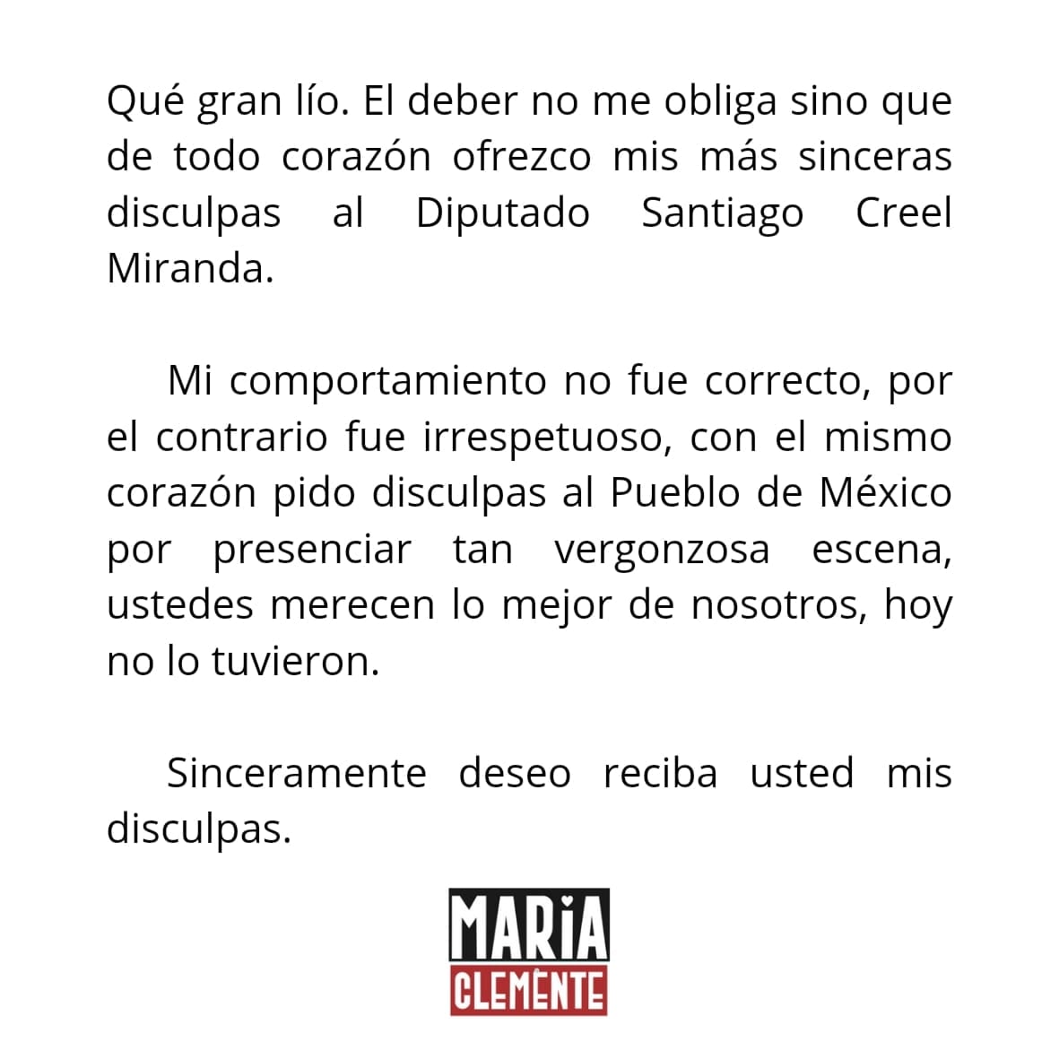 disculpa de María Clemente a Santiago Creel/Facebook de María Clemente