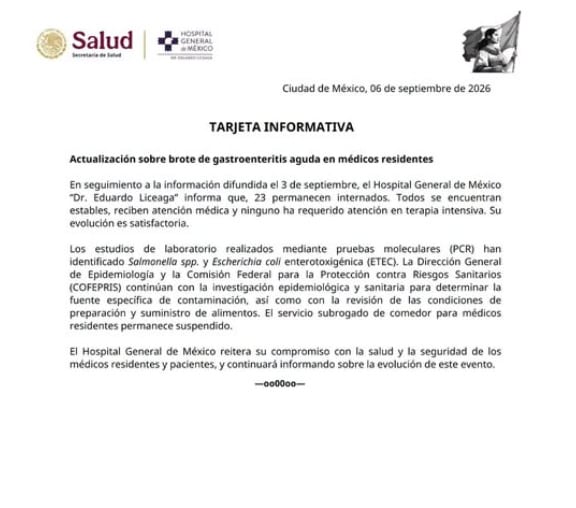 Hospital General de México reporta 23 residentes hospitalizados por brote de salmonela