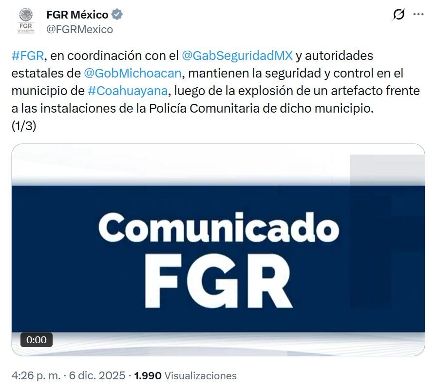 FGR confirma investigación por explosión en Coahuayana