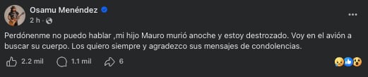 Osamu Menéndez, confirma la muerte de su hijo Mauro