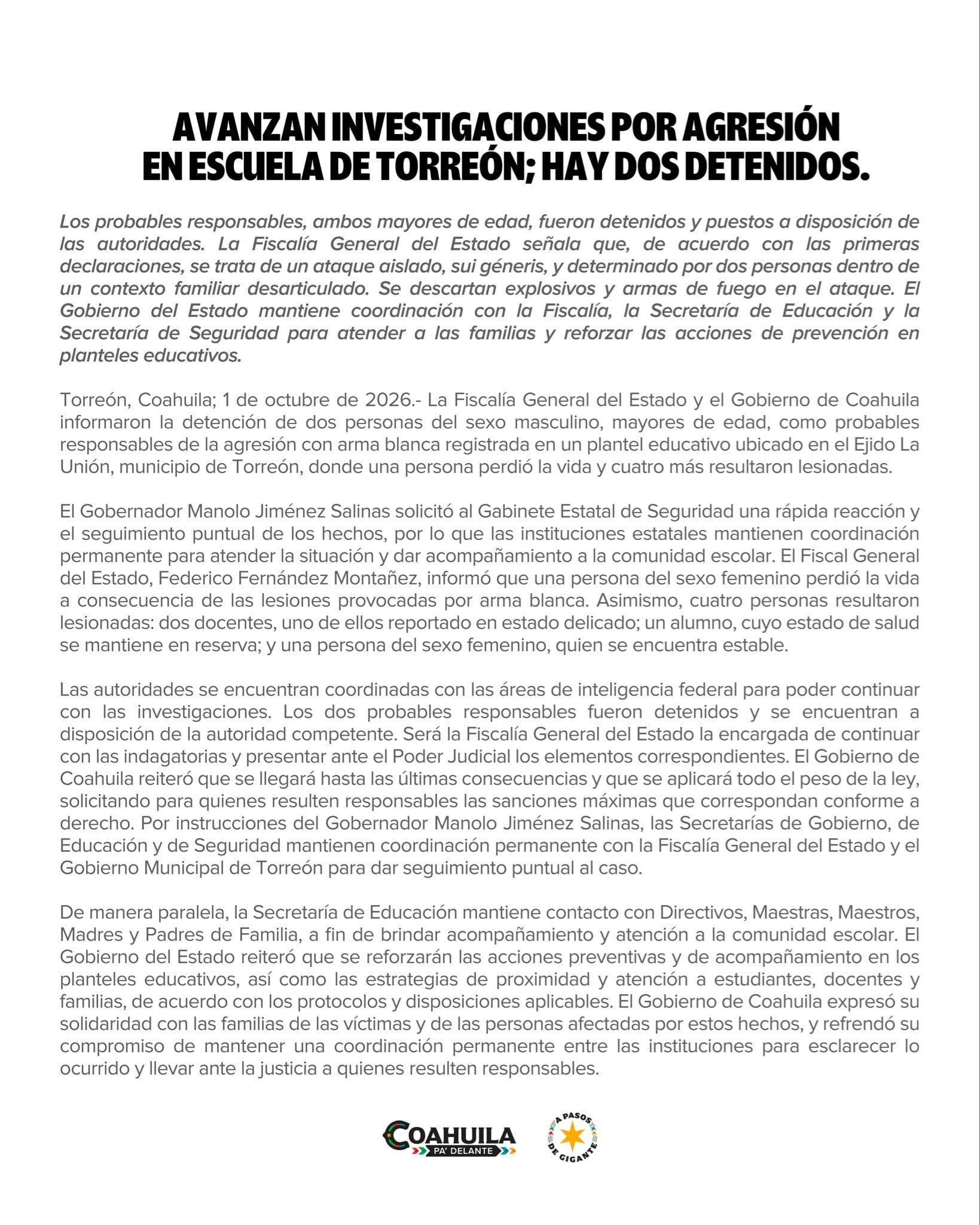Fiscalía de Coahuila: ataque en secundaria de Torreón fue aleatorio