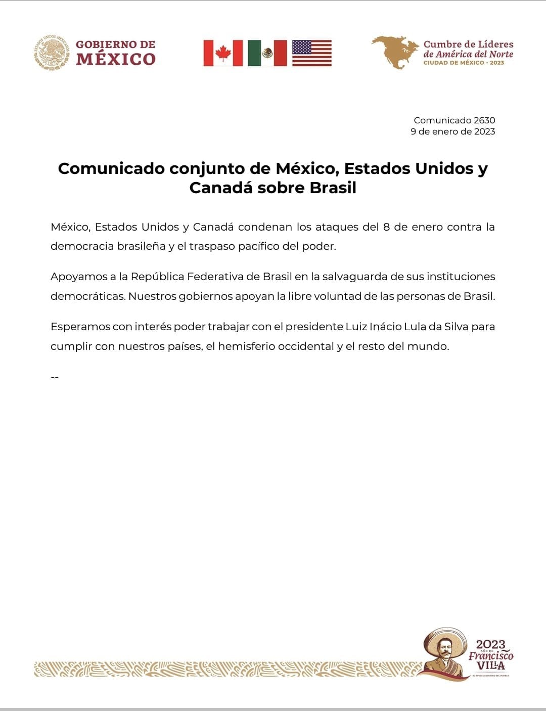 México, Estados Unidos y Canadá se solidarizan con Lula da Silva y Brasil por ataques de bolsonaristas