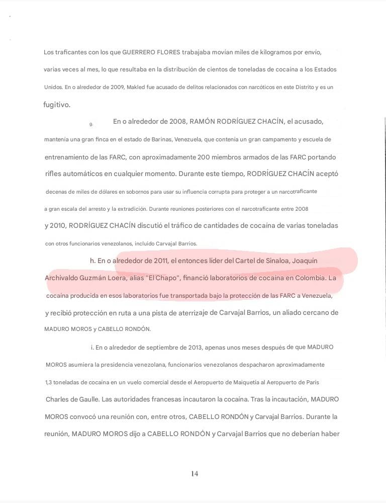 Documento del Gran Jurado sobre acusaciones a Nicolás Maduro que lo vinculan con el Cártel de Sinaloa y Los Zetas.