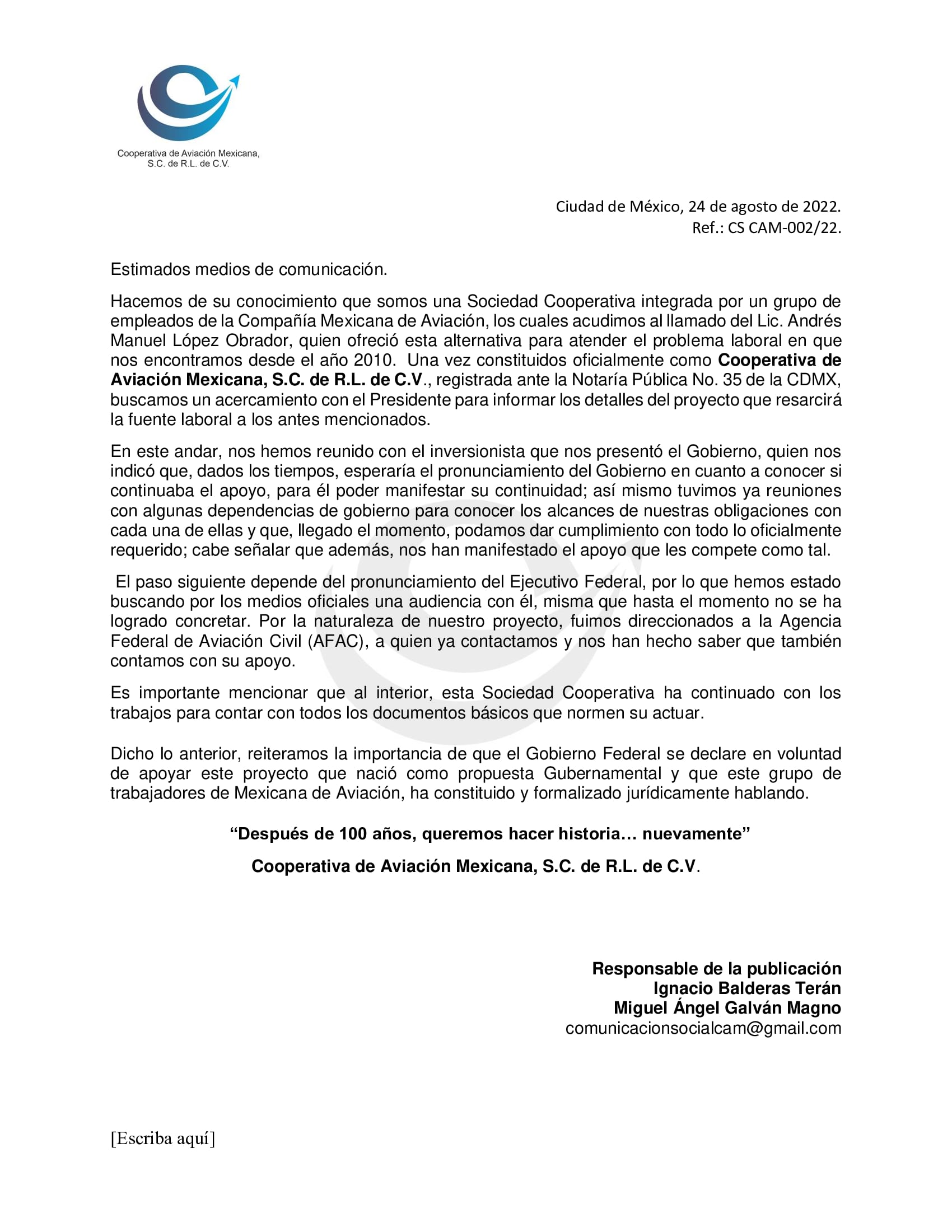 Comunicado cooperativa Aviación Mexicana