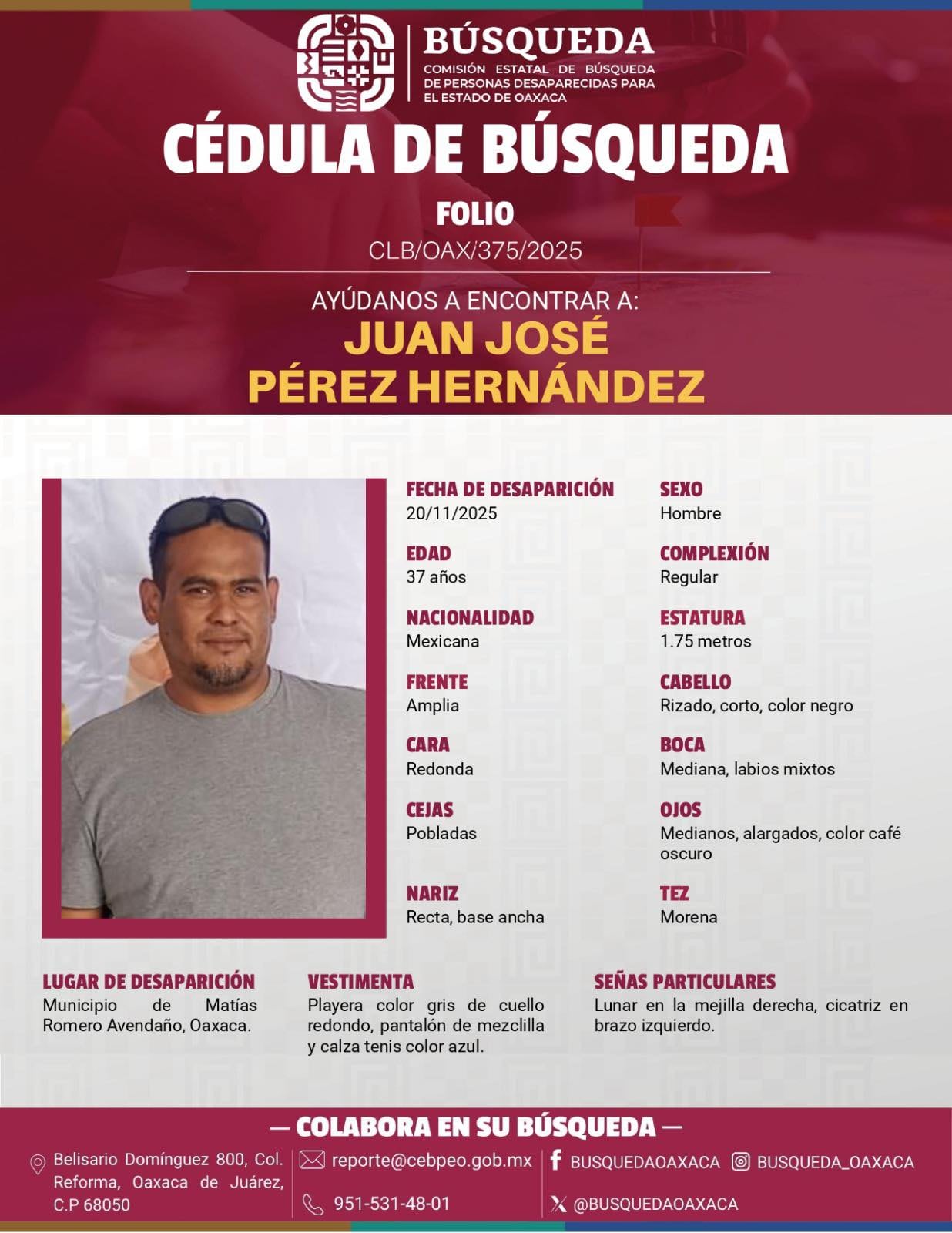 Ficha de desaparición de Juan José Pérez Hernández.