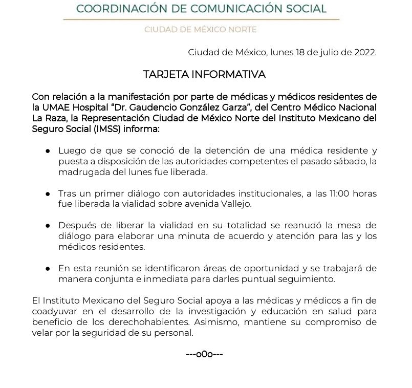 IMSS se pronuncia ante manifestación de médicos residentes de Hospital La Raza