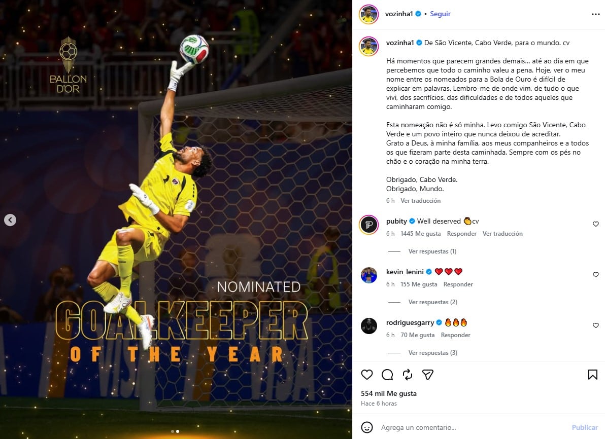 Vozinha, nominado al Balón de Oro 2026 como mejor portero