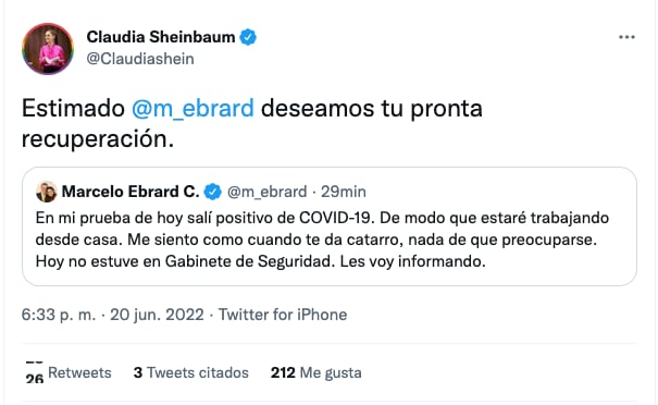 Claudia Sheinbaum desea pronta recuperación a Marcelo Ebrard