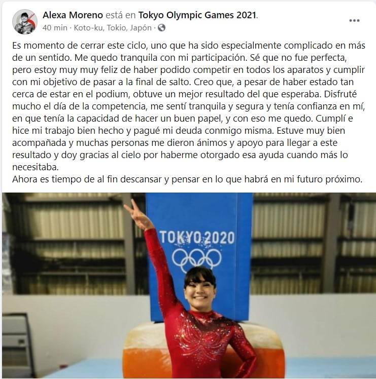 Publicación de Alexa Moreno en Facebook