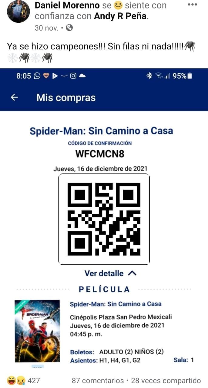 Denuncia robo de boletos QR para 'Spider-Man: No Way Home'