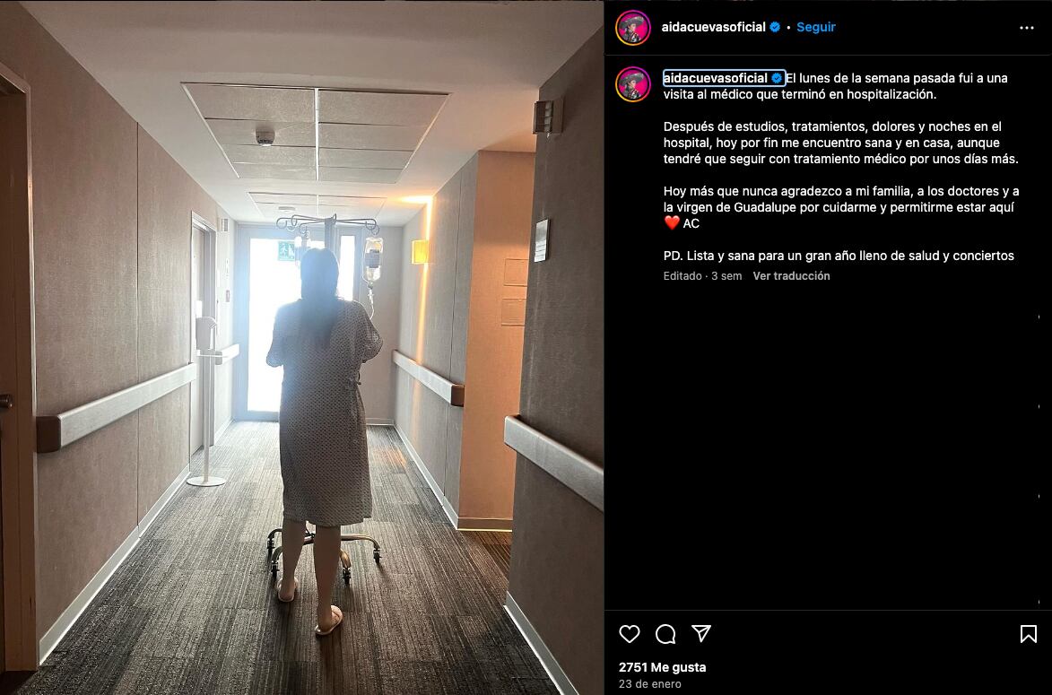 Aida Cuevas estuvo en el hospital por una infección en los riñones