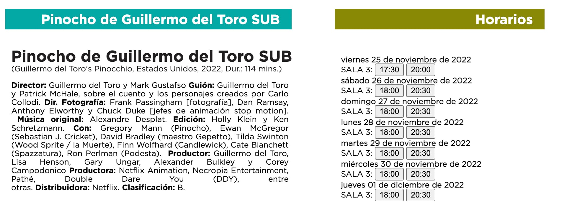 Horarios Pinocchio en inglés