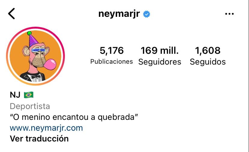 Captura de pantalla del perfil de Instagram de Neymar Jr.