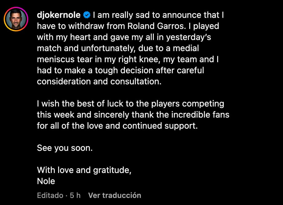 Djokovic sobre su lesión