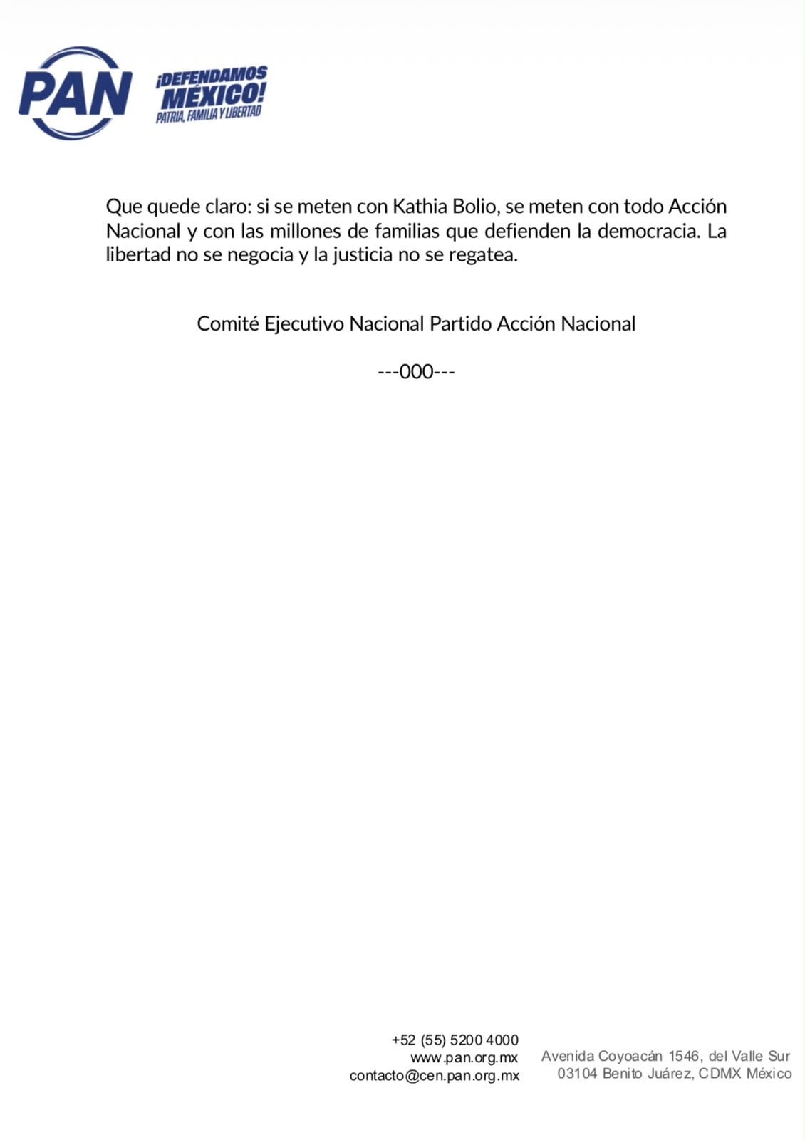 Comunicado PAN sobre Kathia Bolio