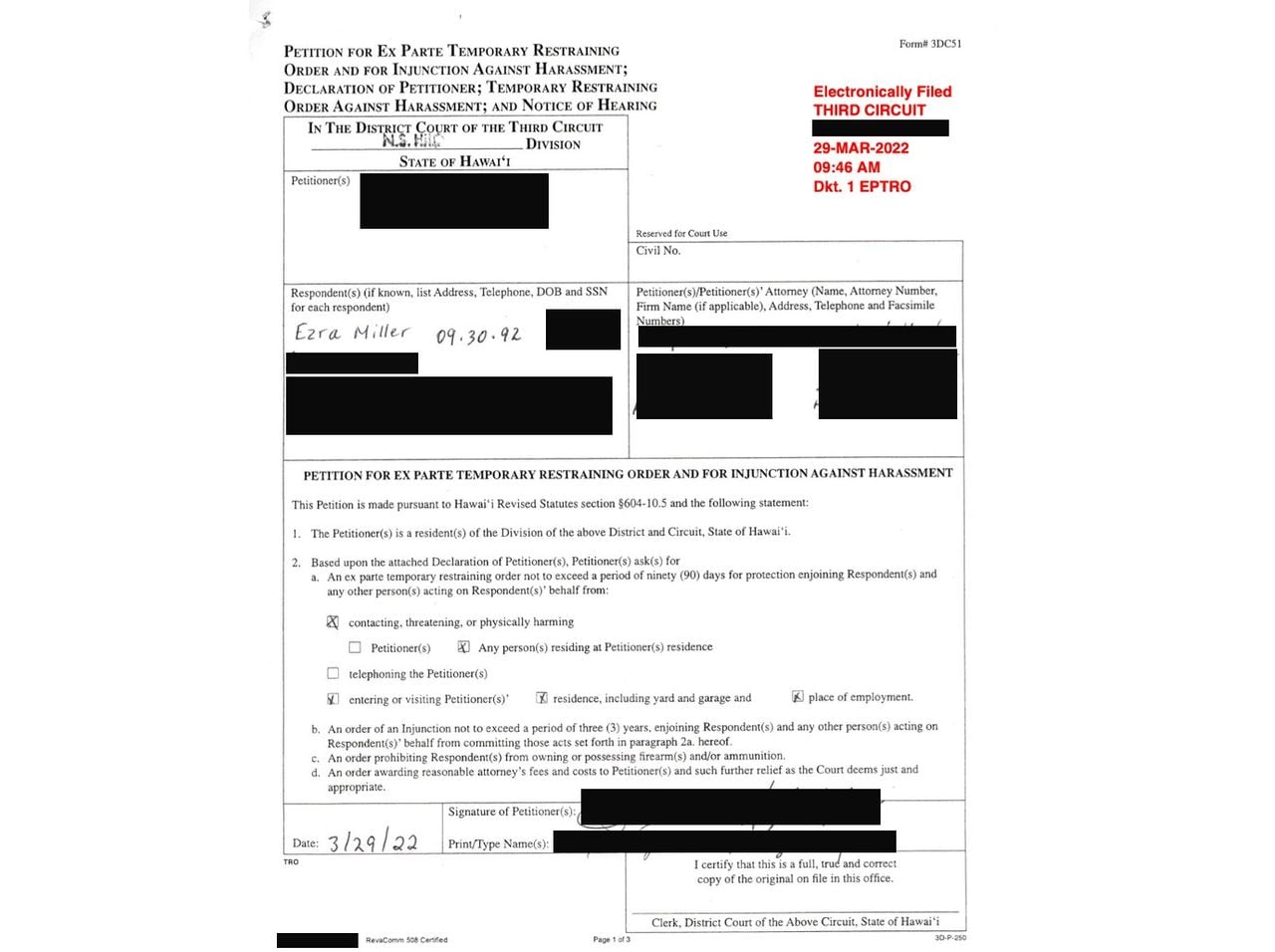 Orden de restricción contra Ezra Miller