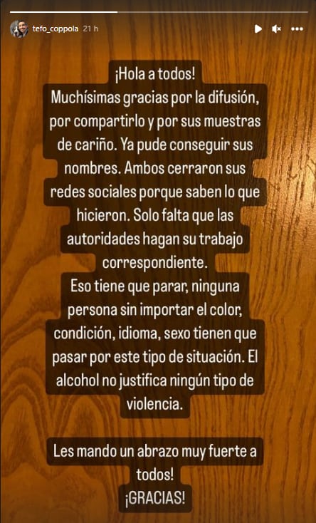 Stefano Coppola agradece el apoyo para identificar a sus agresores.