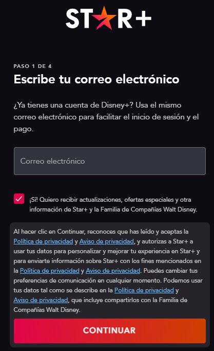 Star Plus, formulario de registro