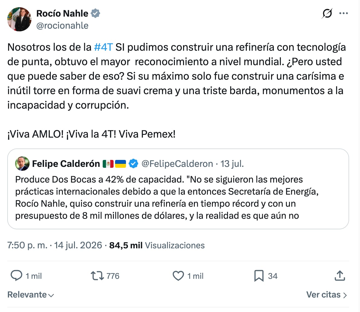 Rocío Nahle responde a Felipe Calderón por el tema de la refinería Dos Bocas