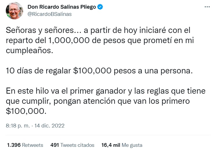 Ricardo Salinas Pliego promete regalar 100 mil pesos y termina declarando desierto el premio