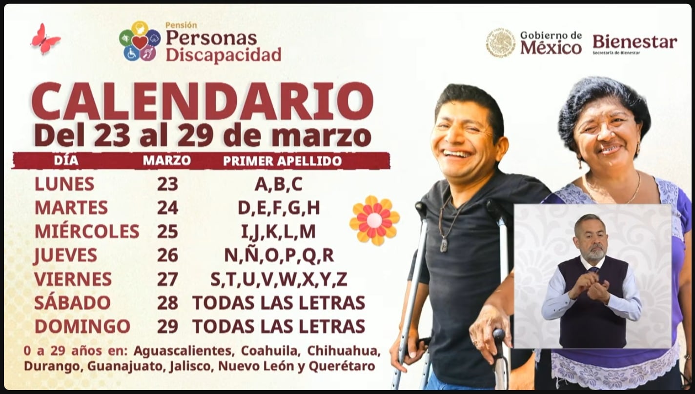Calendario de registro para Pensiones del Bienestar para personas con discapacidad 2026