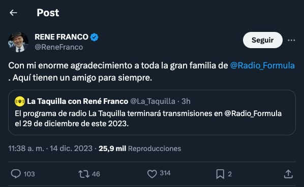 René Franco se despide de Radio Fórmula y asegura que todo fue en mutuo acuerdo