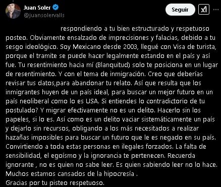 Usuario y Juan Soler debaten sobre la migración en México.