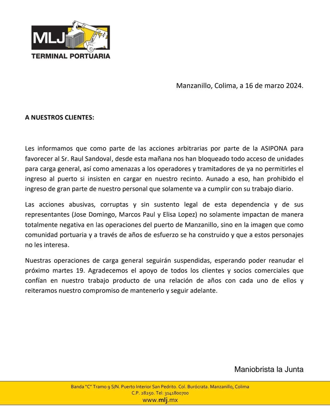 Carta de trabajadores de la Terminal Portuaria a sus clientes