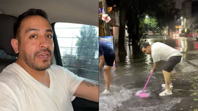 Luis Fernando Peña salió a barrer el agua que inundó su casa