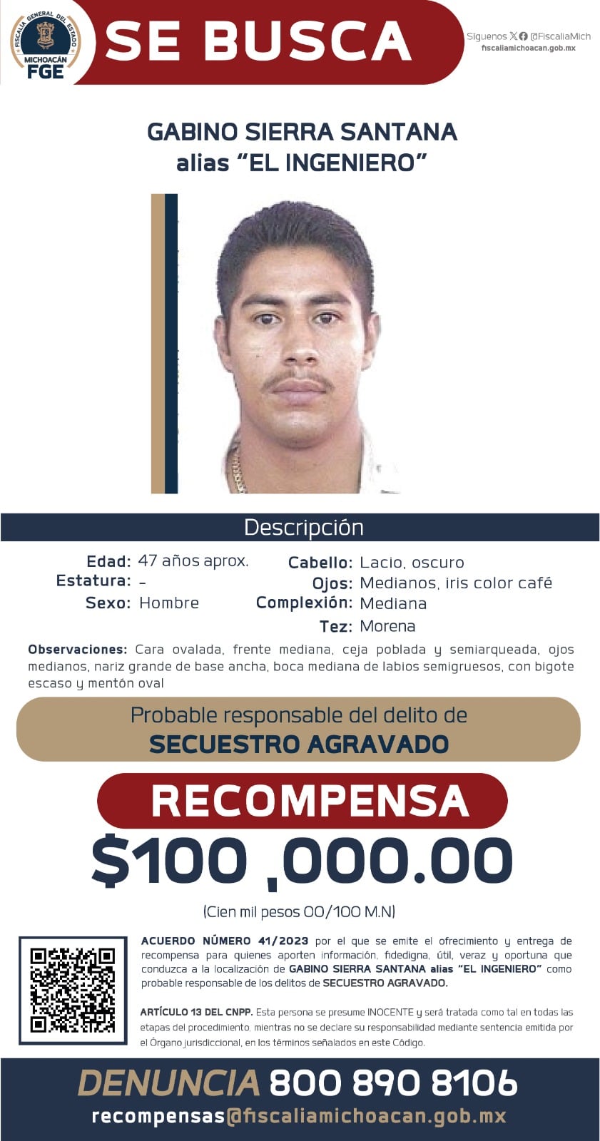 Fiscalía de Michoacán ofrece recompensa de 100 mil pesos para localizar a involucrados en el asesinato de Hipólito Mora