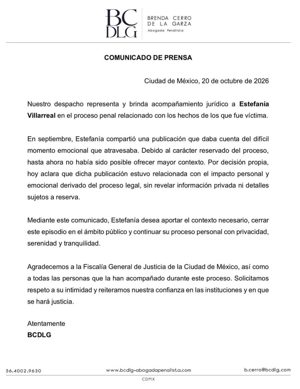 Comunicado de Estefanía Villarreal sobre su post de septiembre 2026.